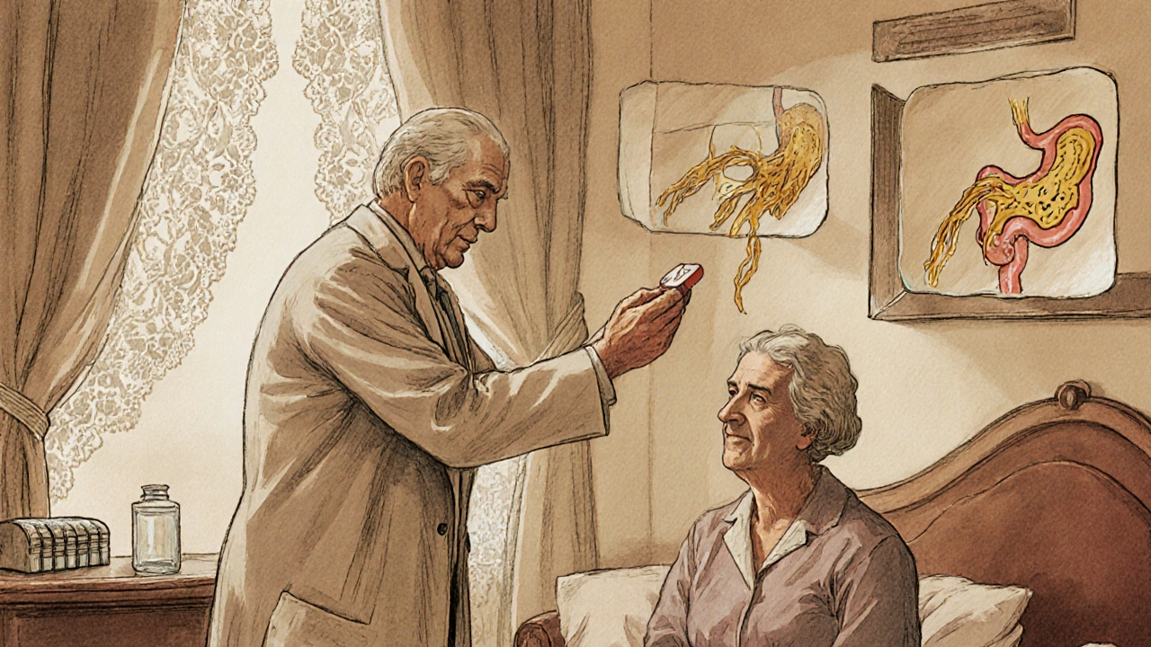 A doctor places a dissolving tablet on an older woman&#039;s tongue, with golden streams flowing to her brain, symbolizing fast-acting medication.