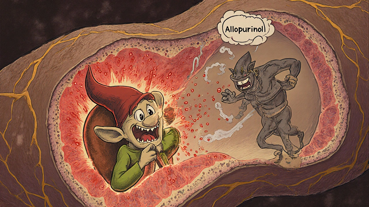 Allopurinol blocks xanthine oxidase, turning harmful ROS into harmless wisps in a kidney tubule.