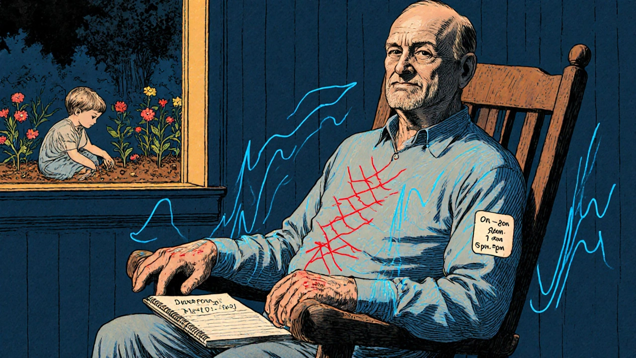 An older man with a Neupro patch sits peacefully in a rocking chair, calm energy flowing around him as tremors fade in the background.