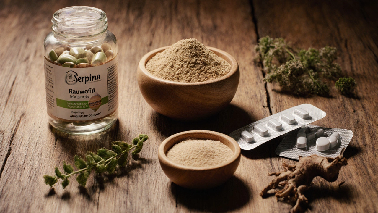 Assortment of supplements and herbs—Serpina bottle, raw powder, tablets, ashwagandha, valerian, diuretic—on a wooden table.