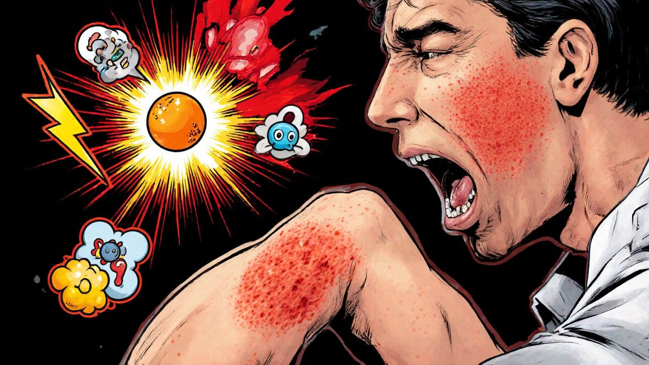 Close‑up of a patient with hives, swollen lips, and cartoon IgE antibodies releasing histamine.