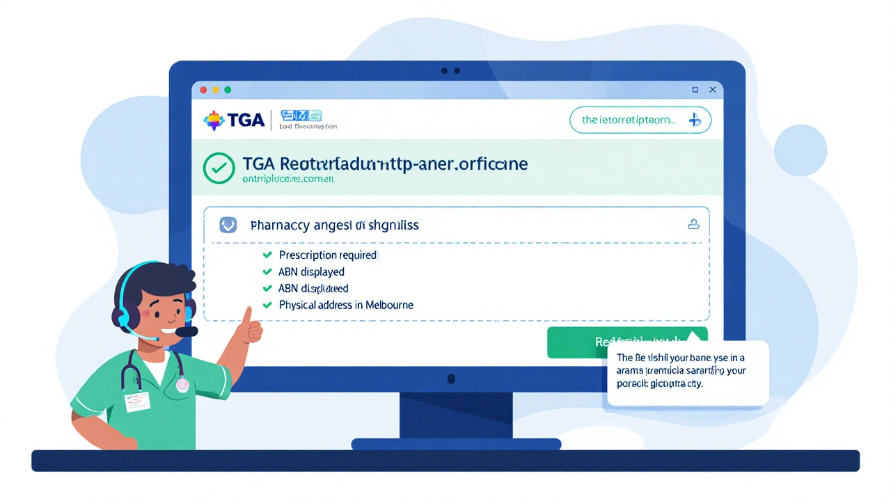 Close‑up of a screen checking TGA registration and pharmacy verification steps.