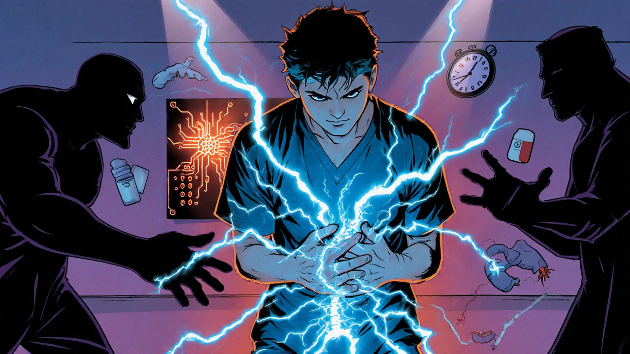Comic panel of a patient in severe abdominal pain with nerve shockwaves and trigger icons as villains.