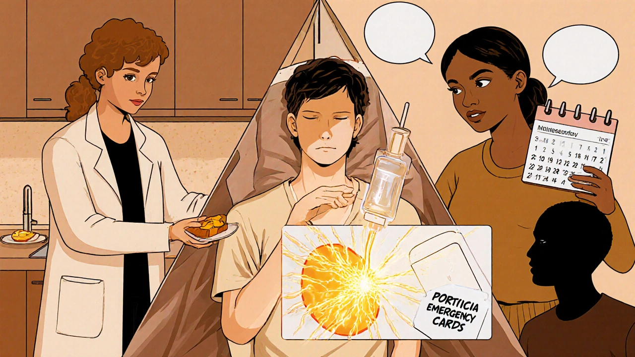 Comic scene of a patient receiving hemin infusion, supported by medical staff and healthy lifestyle symbols.