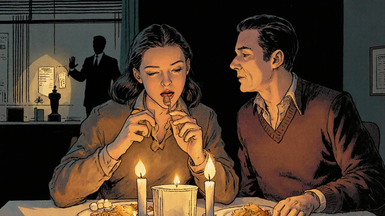 Couple at dinner; man takes sublingual tablet before toast.