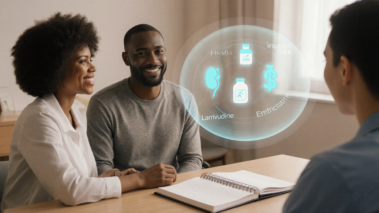 Doctor and patient discussing treatment options with floating pill shapes and health icons.