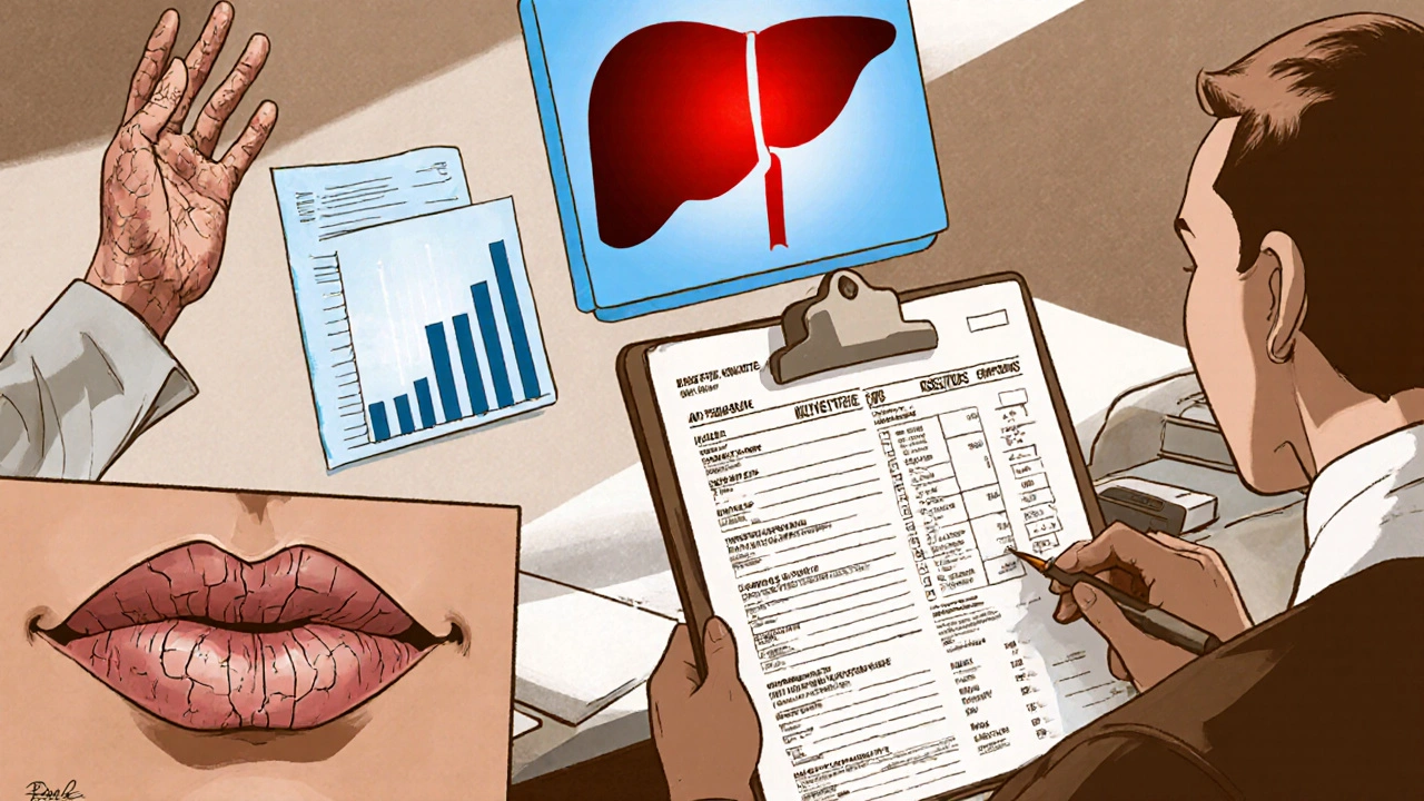 Doctor reviewing labs beside visual icons of dry skin, cracked lips, liver, and triglycerides.