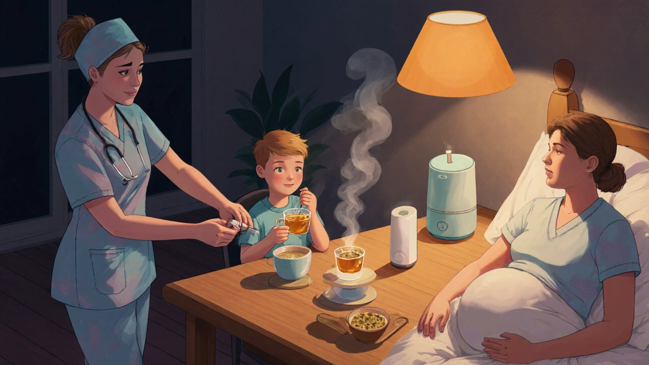 Family kitchen scene with flu vaccination, tea, broth, and humidifier.