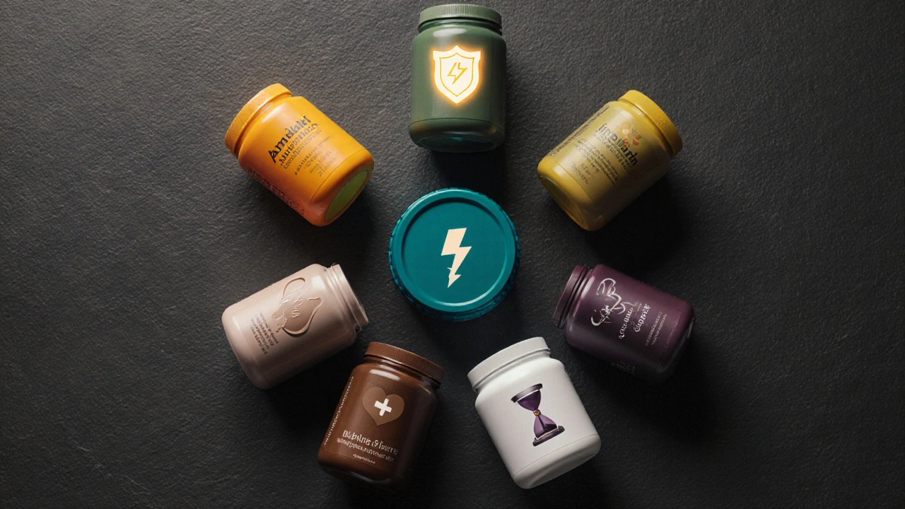 Flat‑lay of eight supplement jars with icons showing each herb&#039;s main benefit.