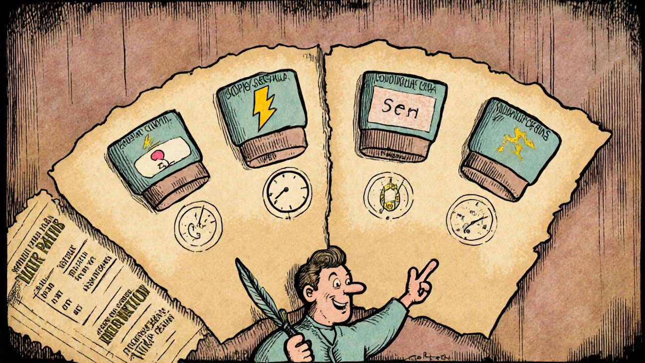 Four ED tablets with icons for speed, duration, and food impact on parchment.