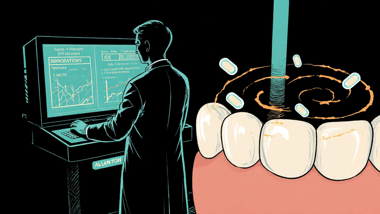 Futuristic lab with nanocapsules delivering allantoin to gums beside holographic data.