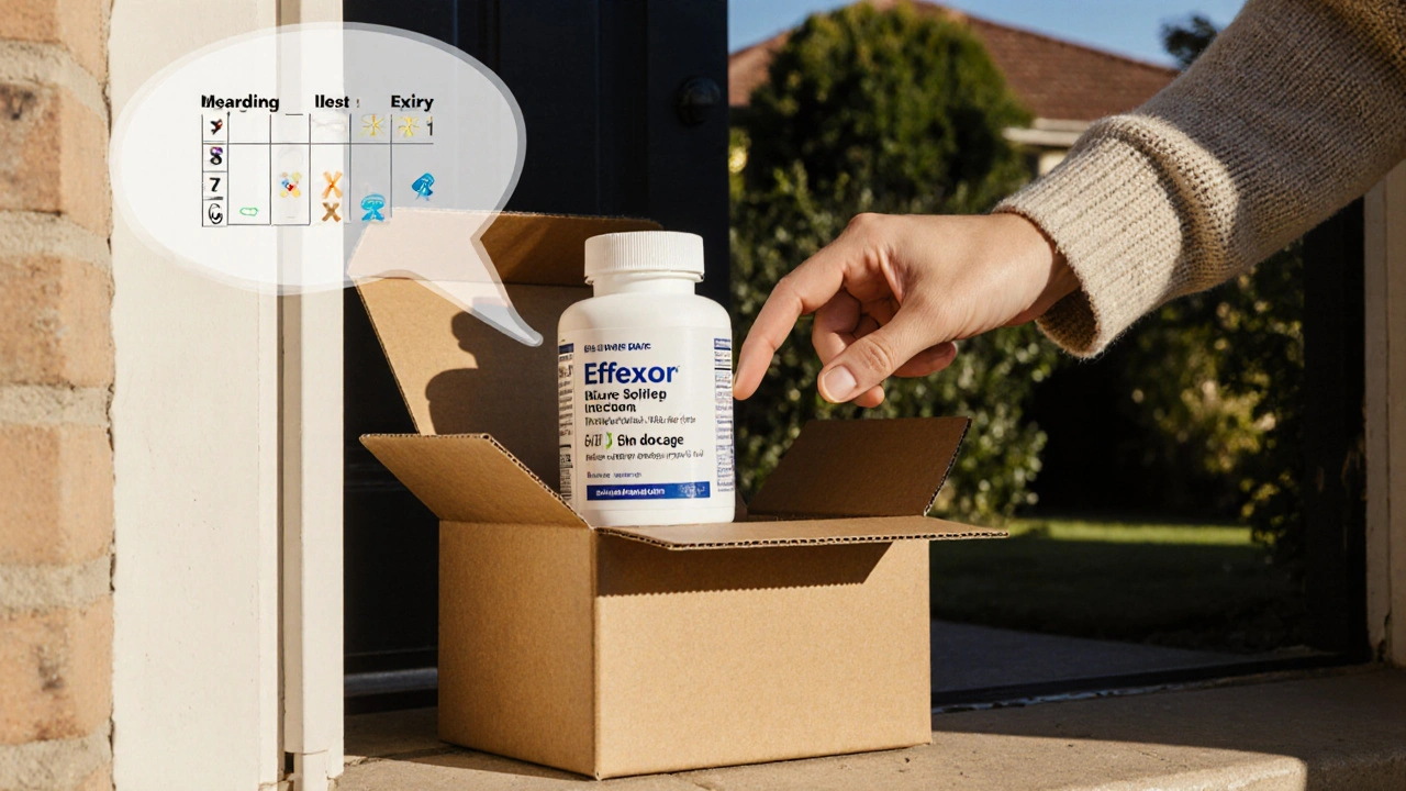 Hand opening a delivery box revealing a generic Effexor bottle.