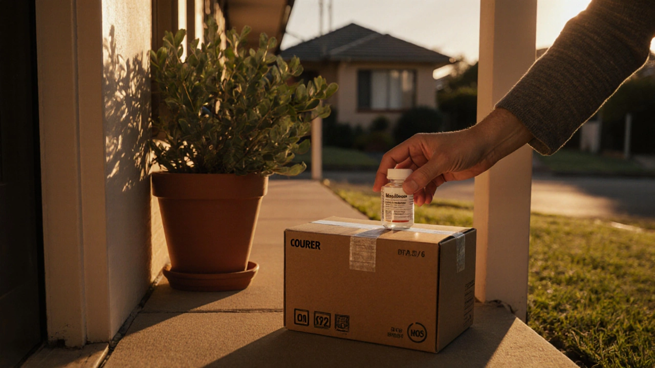 Hands opening a courier box on an Australian porch, revealing a generic medication bottle.