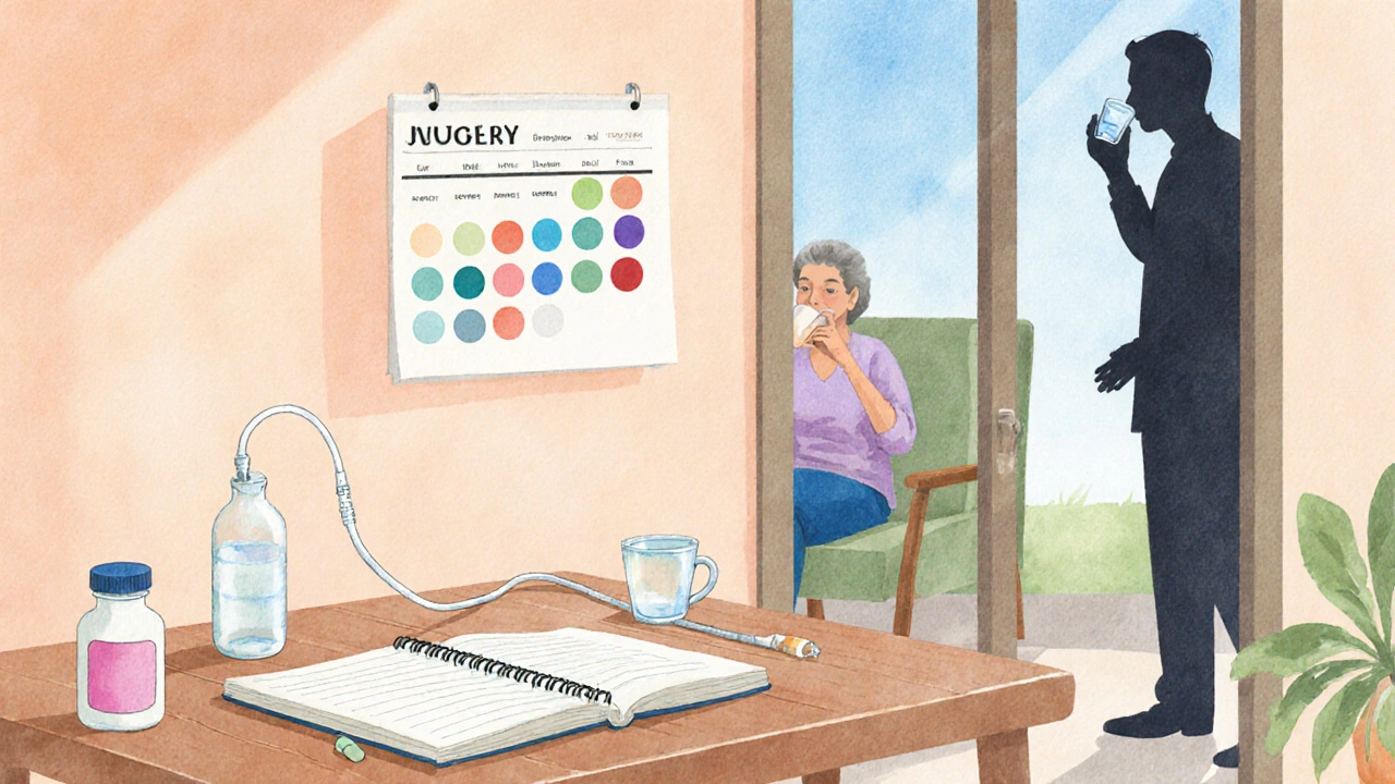 Home scene showing bladder diary, medication, catheter, and supportive urologist during recovery plan.