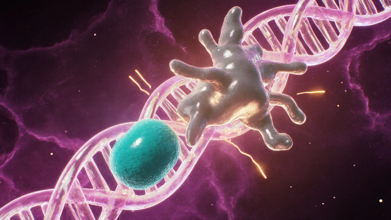 Illustration of lamivudine blocking reverse transcriptase inside a cell, stopping viral DNA replication.