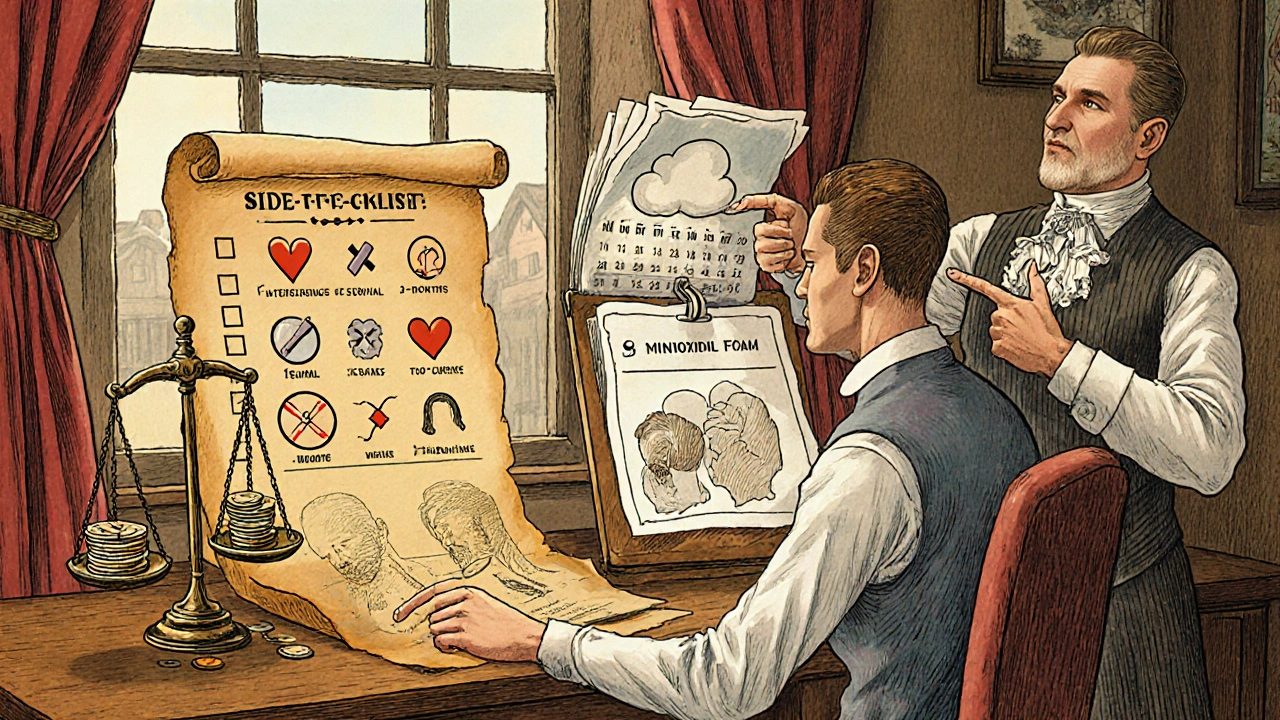 Man at desk with checklist, scale of cost vs side effects, calendar, doctor, combo treatment illustration.