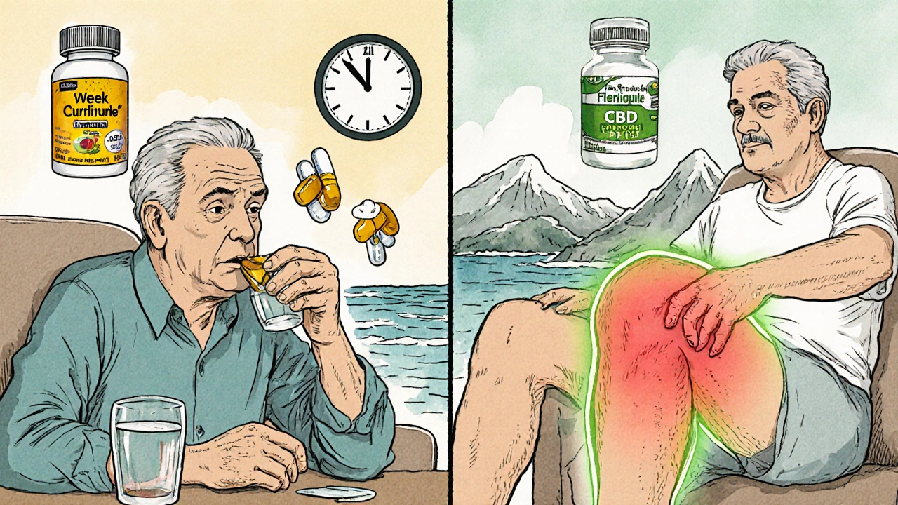 Man taking FlexiQule capsules and applying CBD topical, showing different pain relief timelines.
