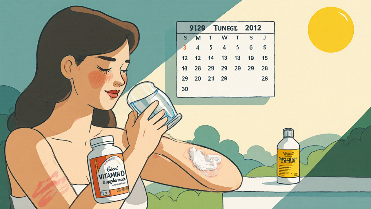 Patient applying ointment, drinking water, with supplements and a 3‑year calendar.