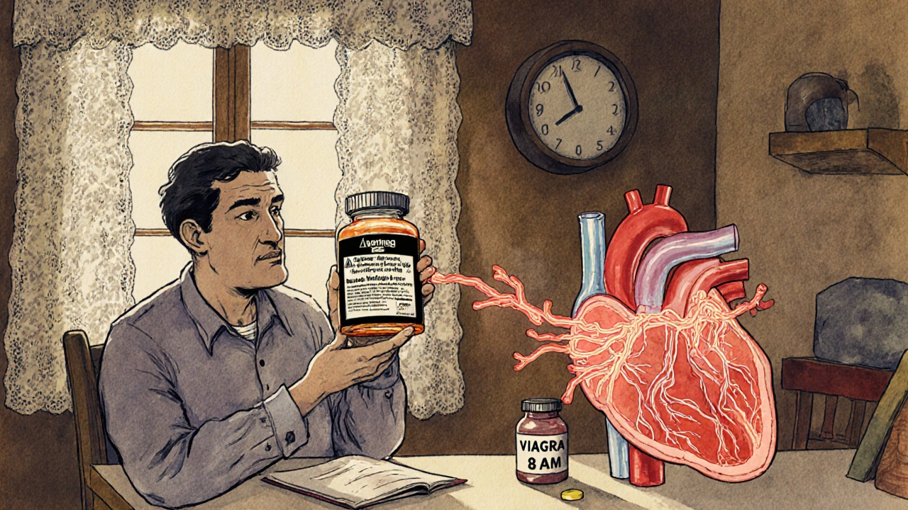 Patient holding prescription with glowing nitric oxide flowing into heart, Viagra bottle discarded in shadow.