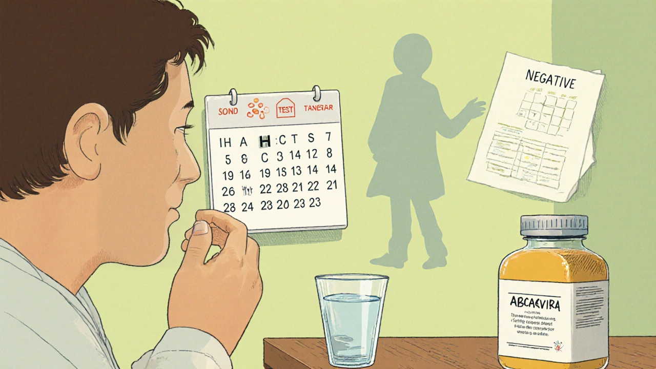 Patient takes daily Abacavir pill, calendar shows monitoring, safety icons appear.