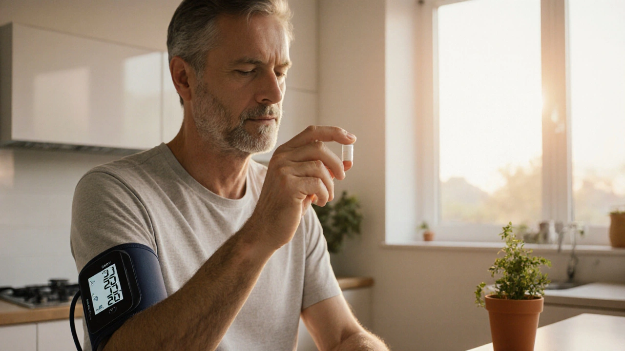 Person holding a Serpina capsule while checking a home blood‑pressure monitor in a sunlit kitchen.