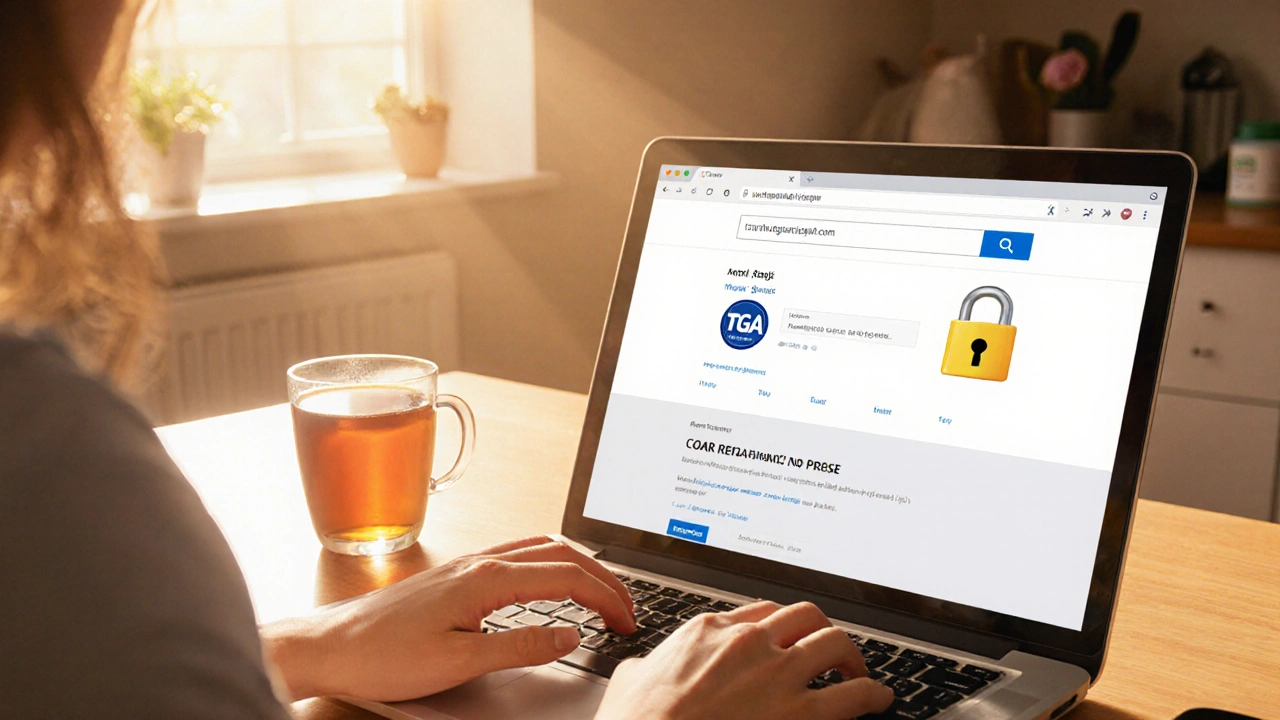Person reviewing a secure online pharmacy website on a laptop with a padlock icon.