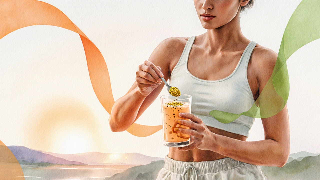 Person stirring Amalaki powder into a smoothie with glowing ribbons indicating antioxidant boost.