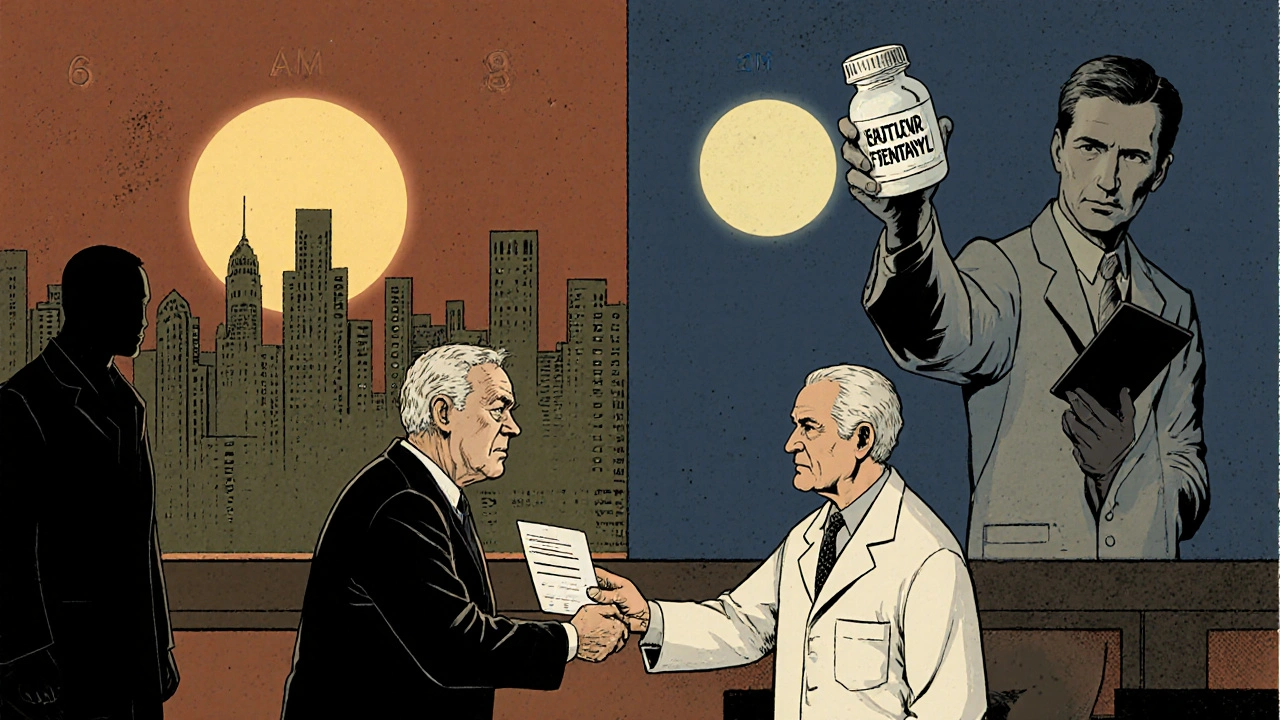 Pharmacist giving prescription as sunrise and moon symbolize nitrate-free interval, counterfeit pill in background.