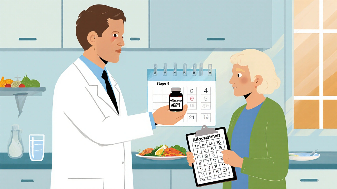 Pharmacist shows dosing chart and lifestyle tips while giving allopurinol to a CKD patient.