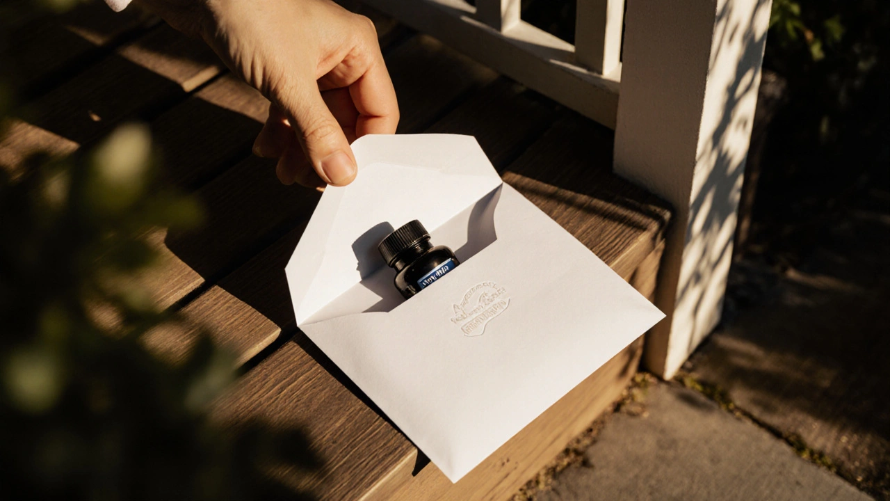 Plain envelope delivered to a doorstep, revealing generic medication pills inside.