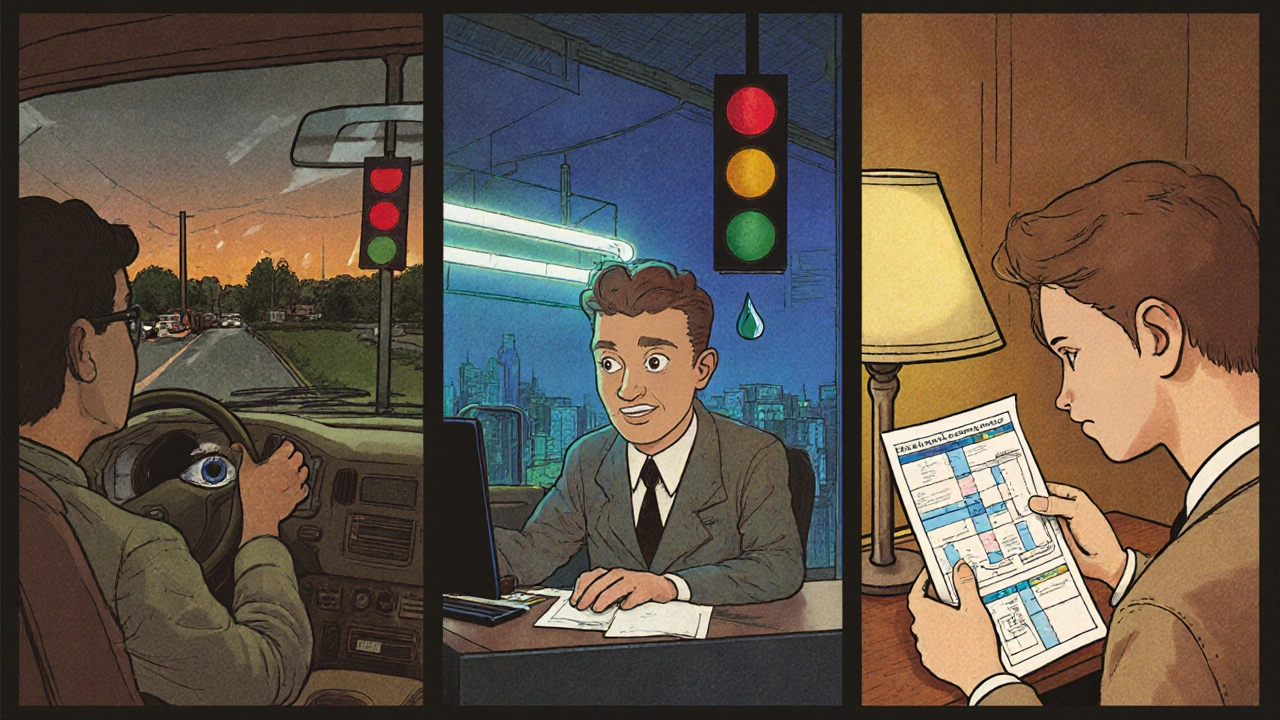 Scenes of a driver, office worker, and reader dealing with small pupils and color‑blind challenges.
