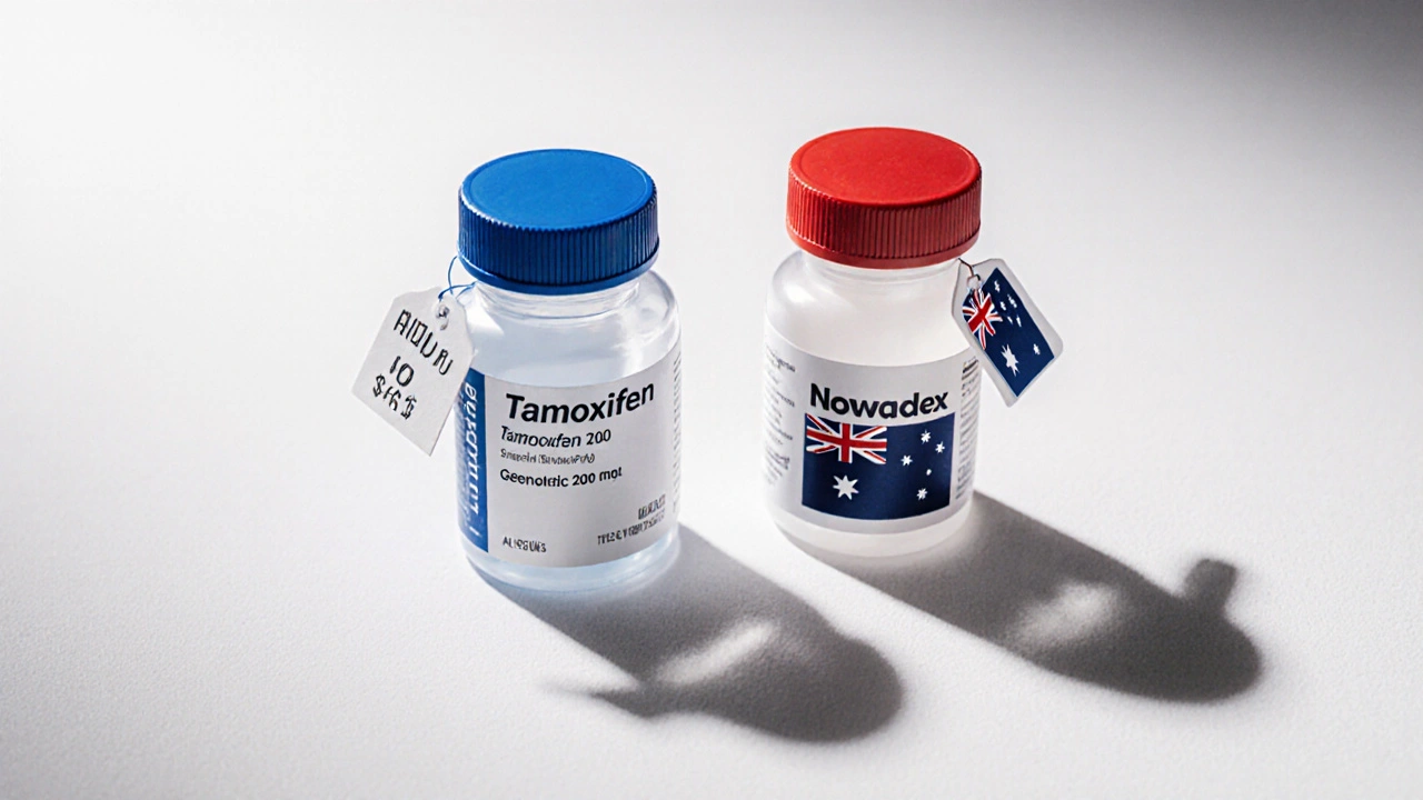 Side‑by‑side generic tamoxifen and Nolvadex bottles with price tags for comparison.