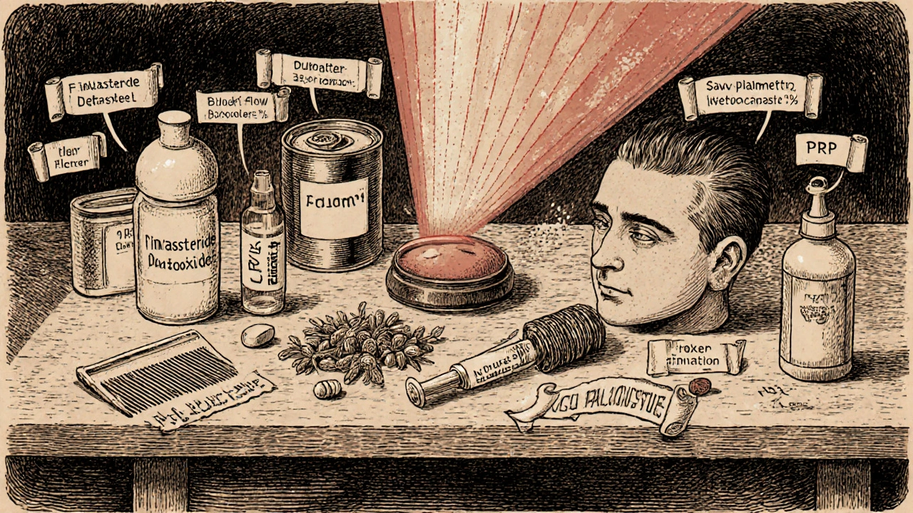 Table with objects representing finasteride, minoxidil, dutasteride, laser, PRP, saw palmetto, shampoo, transplant.