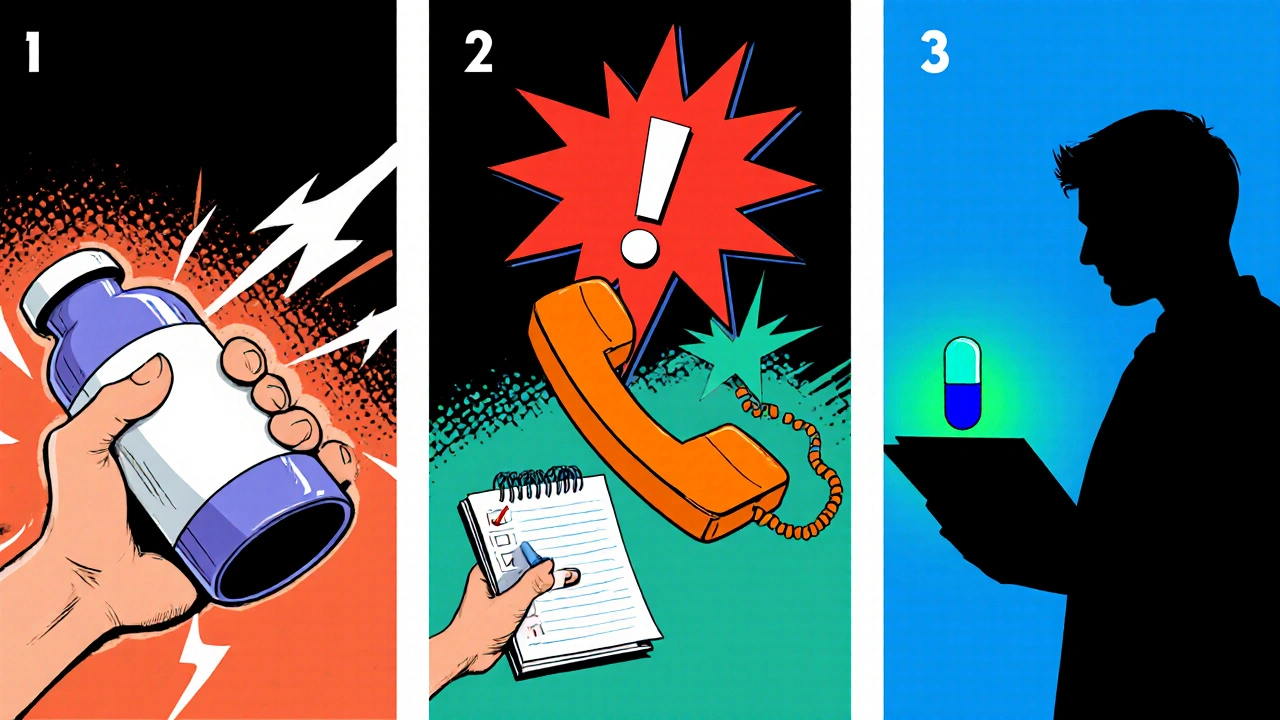 Three‑panel comic of stopping the drug, calling emergency, and taking antihistamine with doctor advice.