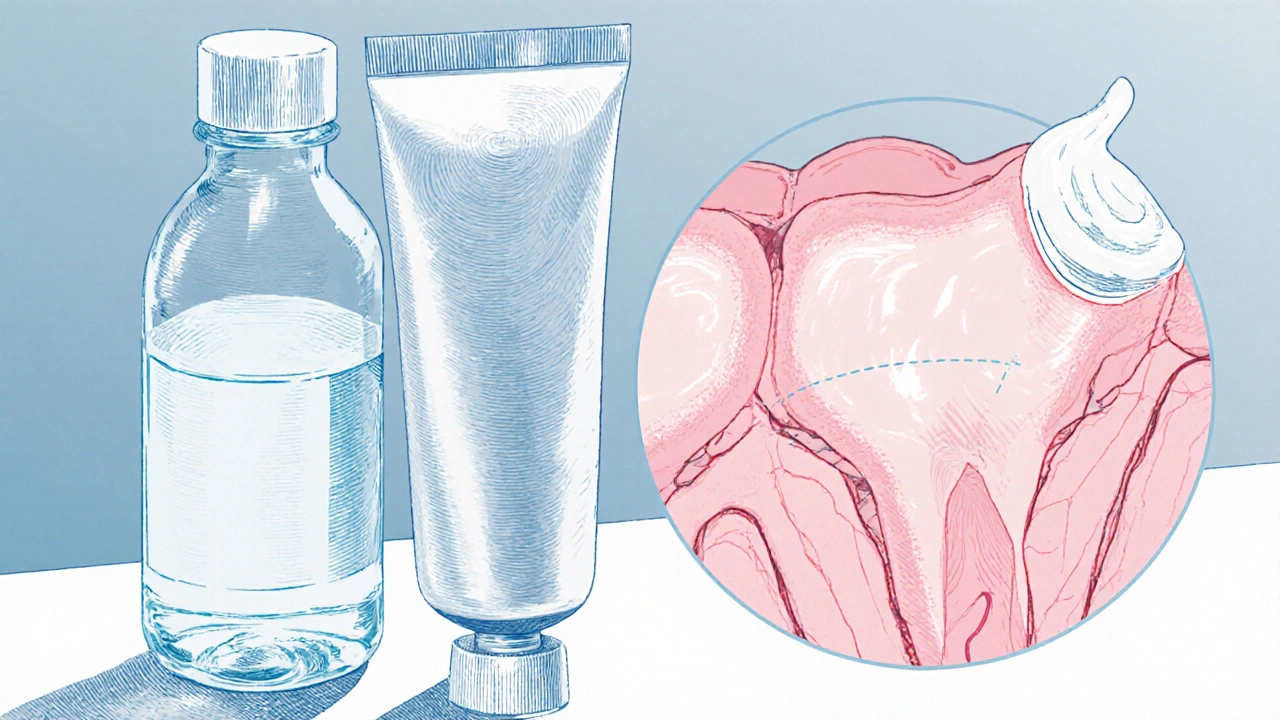 Toothpaste and mouthwash shown soothing pink gum tissue in a close-up scene.