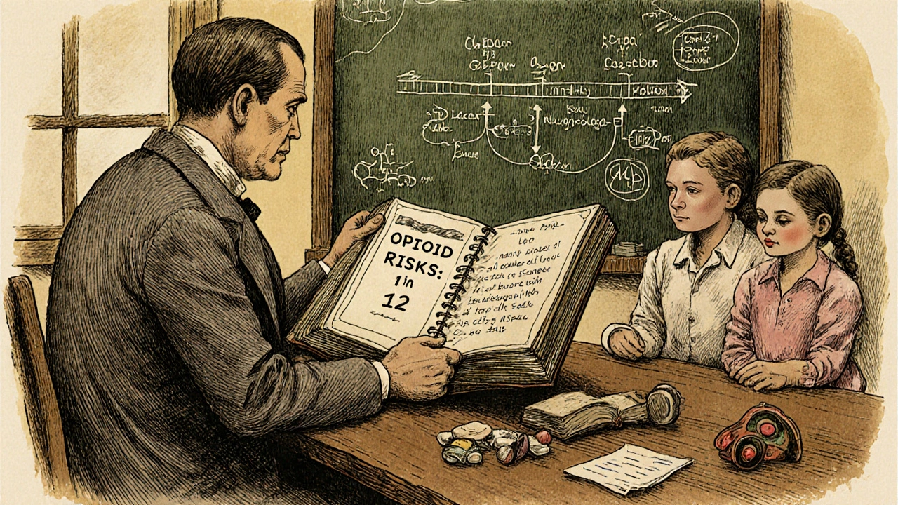 A doctor and family at a table discussing opioid risks, with a growth chart and medical ledger visible.