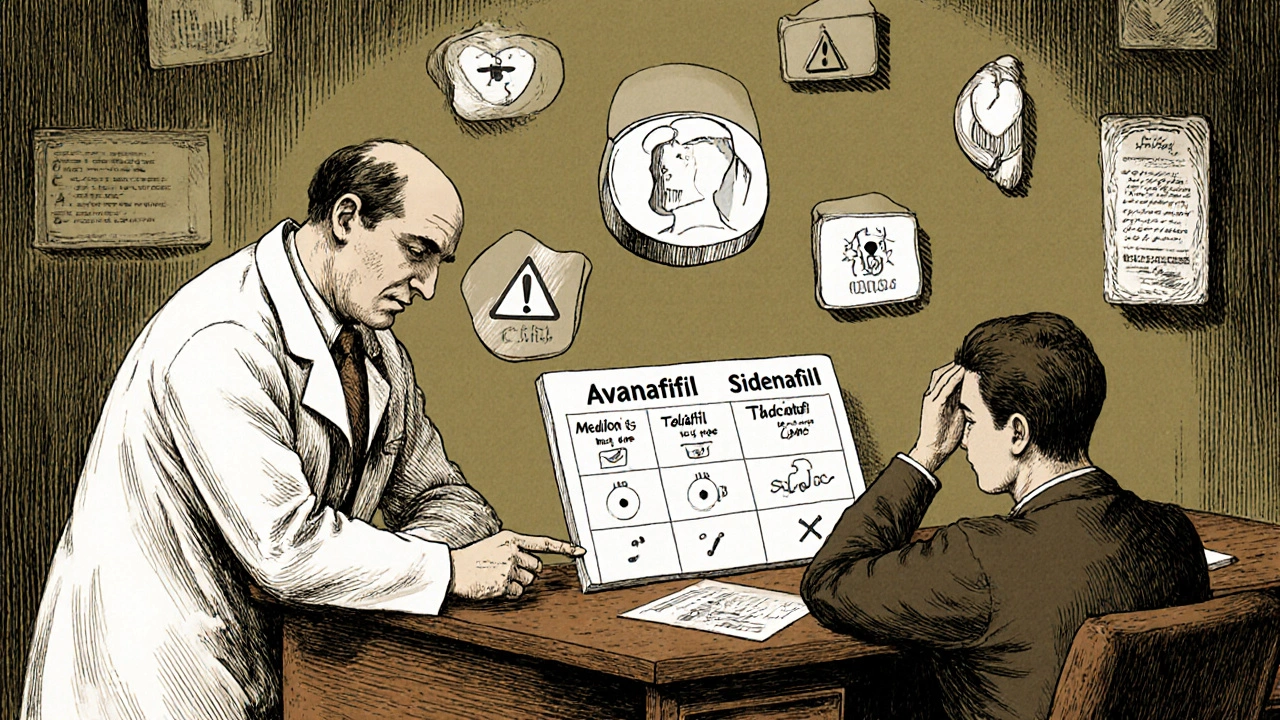 A doctor and patient reviewing a pill comparison chart, with warning symbols floating around them in vintage style.