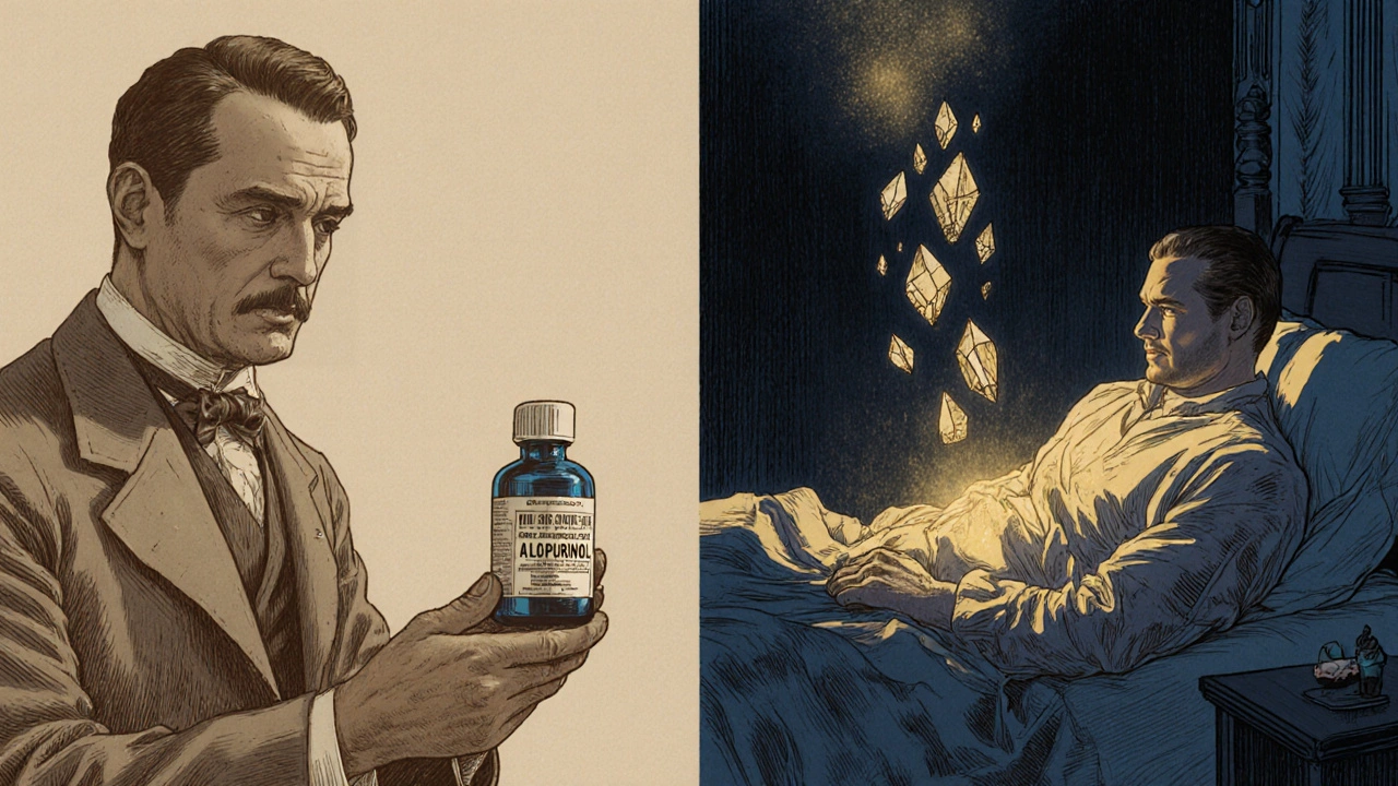 A doctor gives allopurinol to a patient, with healing crystals dissolving in a peaceful scene, Howard Pyle style.