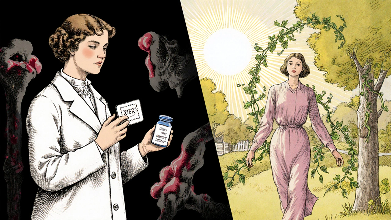 A doctor shows a patient two paths: one of health and one of risks, with symbolic medical elements.