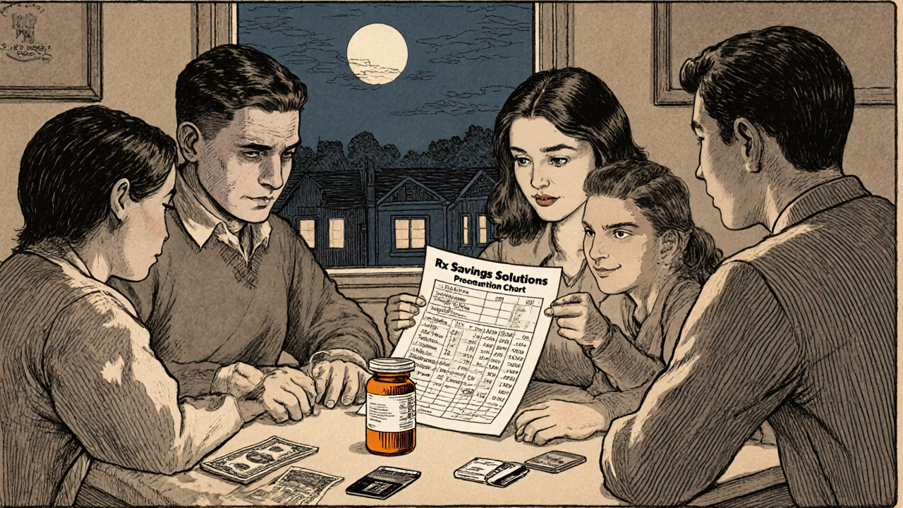 A family comparing drug prices at a kitchen table with a prescription bottle and insurance cards spread out.