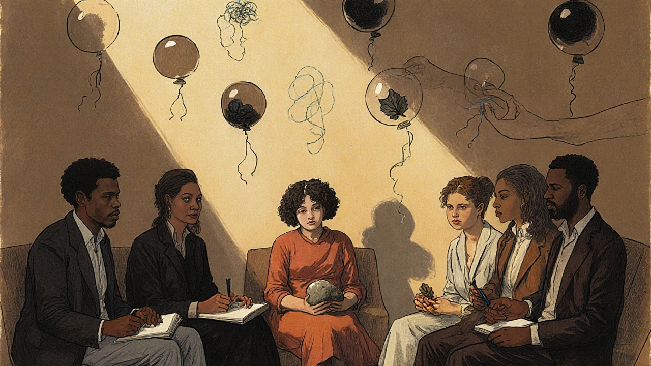 A group of people sit quietly with notebooks, floating thought-balloons above them being gently untangled.