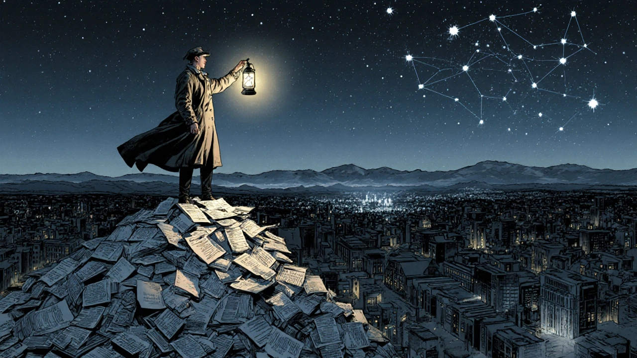 A lone figure with a lantern stands on a mountain of reports, illuminating a world of hospitals and technology.