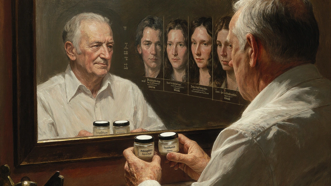 A man at his vanity, holding retinoid jars, with a ghostly younger self in the mirror and a timeline of skin improvement behind him.
