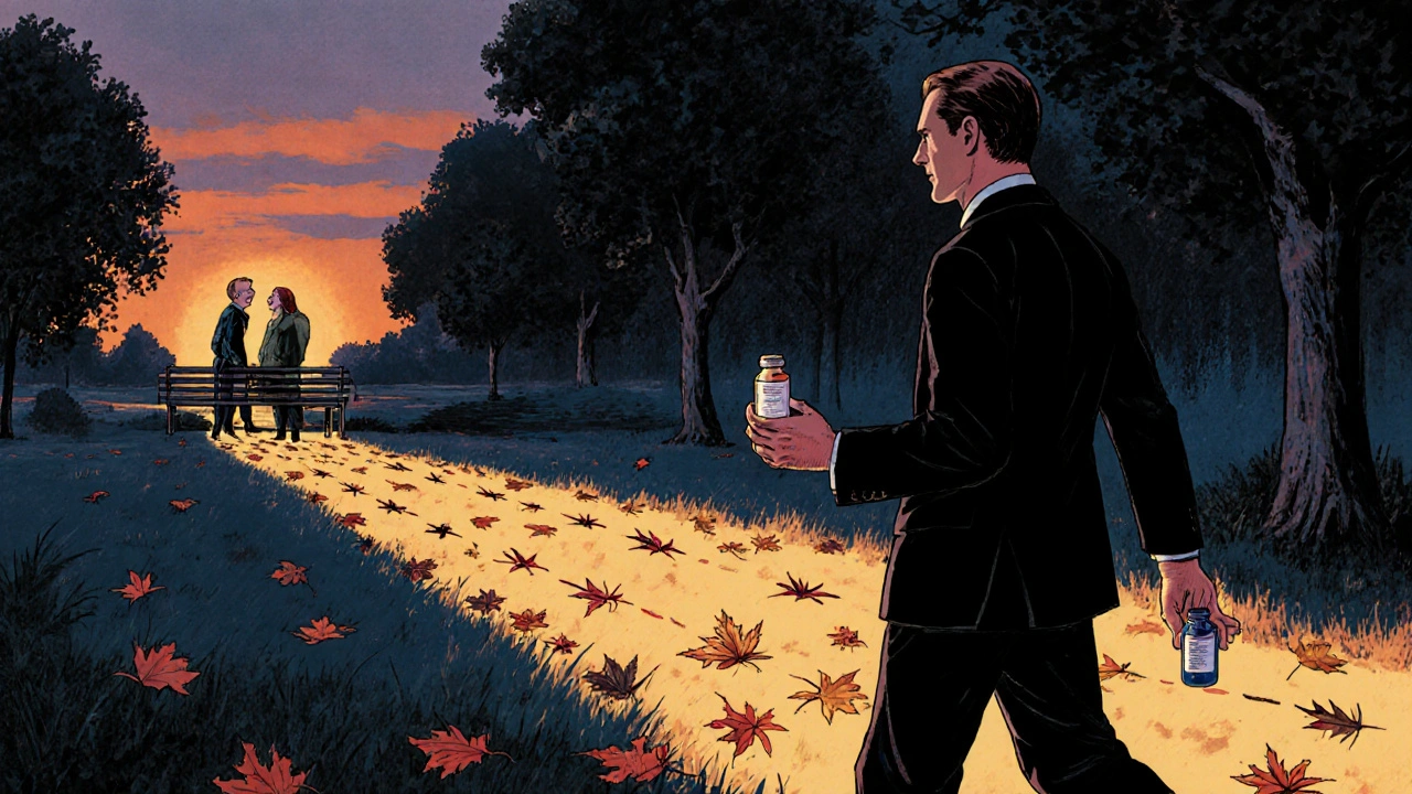 A man walking in a park with generic ED and PE pills, glowing path leading to a happy couple at dusk.