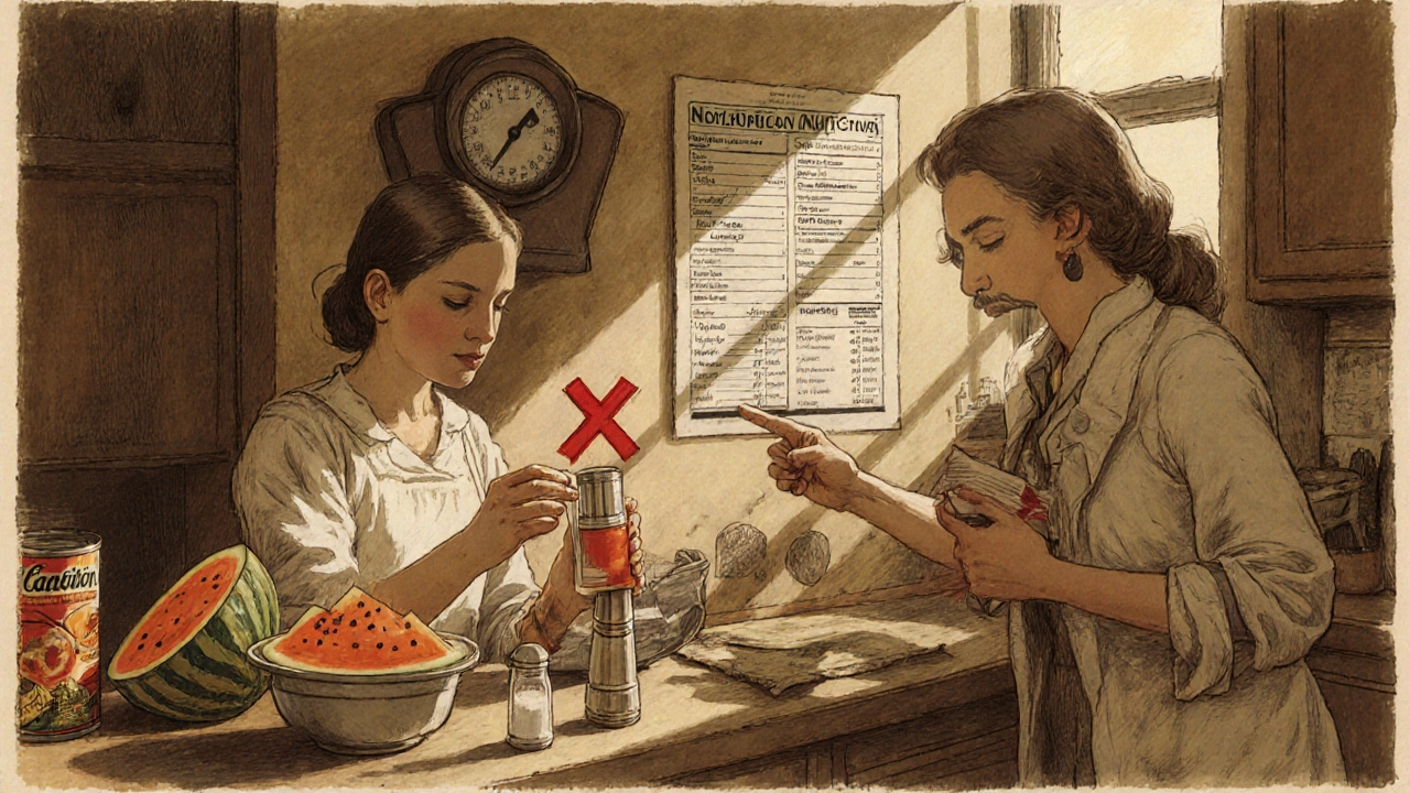 A patient preparing kidney-friendly meals in a kitchen, with salt shaker marked X and dietitian guiding nutrition choices.