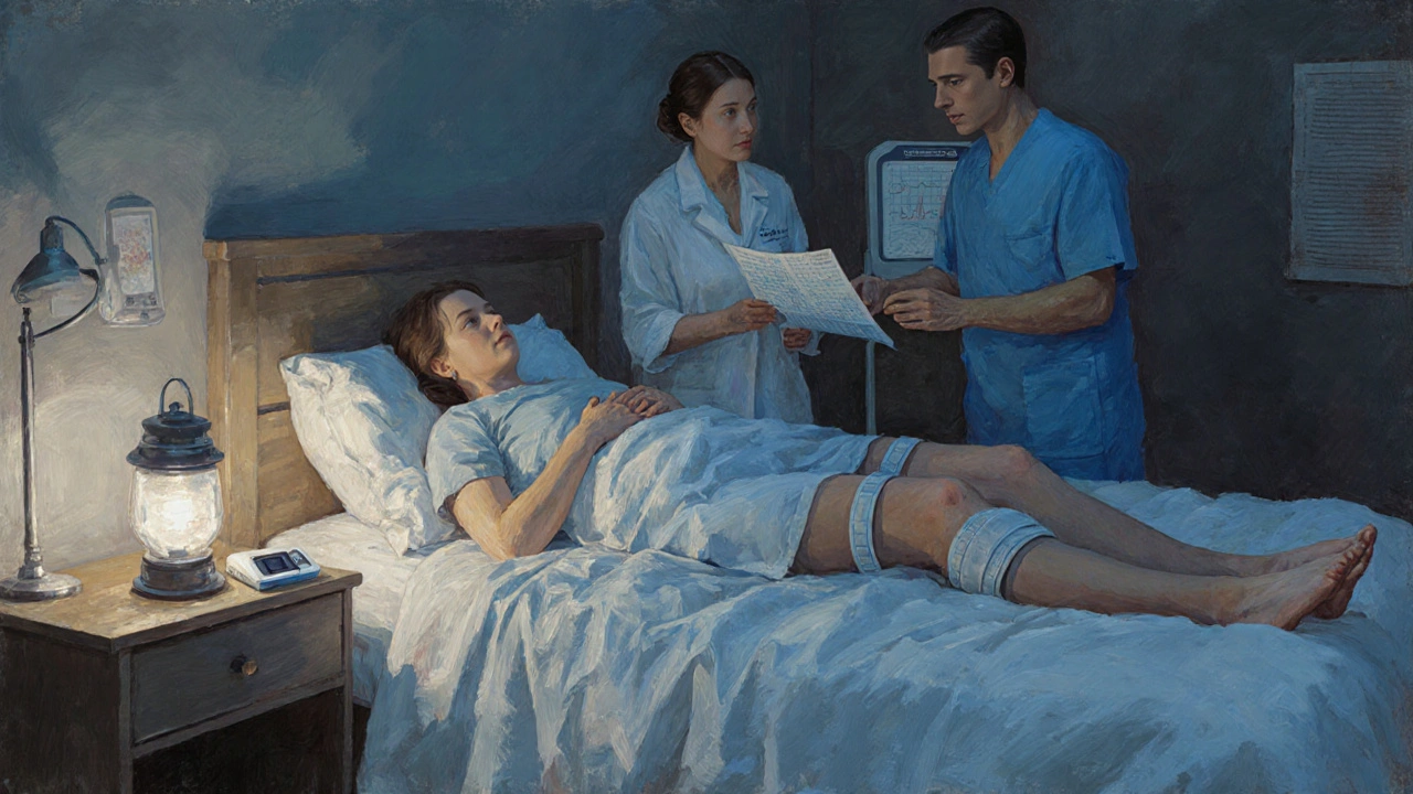 A patient resting with elevated legs and pneumatic compression device, while healthcare providers review treatment data.