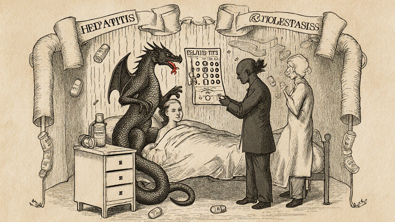 A patient tormented by Hepatitis and Cholestasis figures, with blood test results and antibiotic pills raining down, in vintage illustration style.