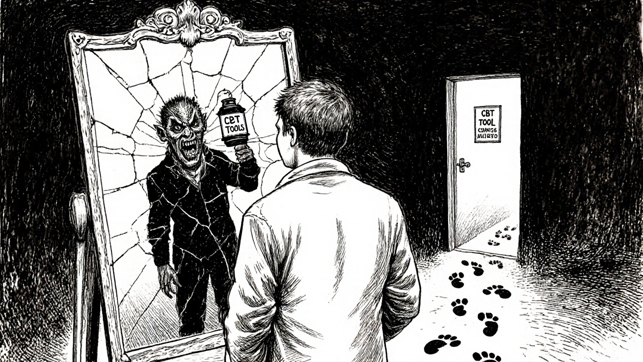 A person faces a mirror showing two versions of themselves—one tormented, one calm—with a path leading to a door.