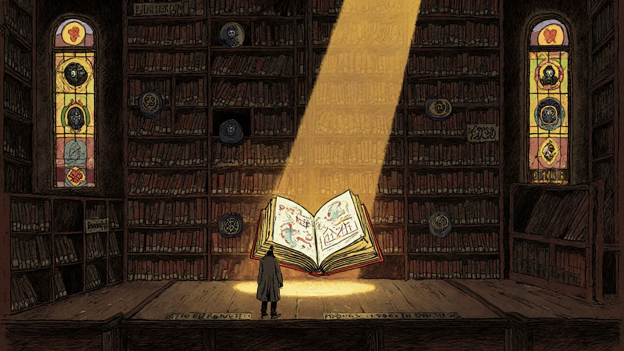 A person standing before a vast library of drug safety records, with one glowing book opening mysteriously.