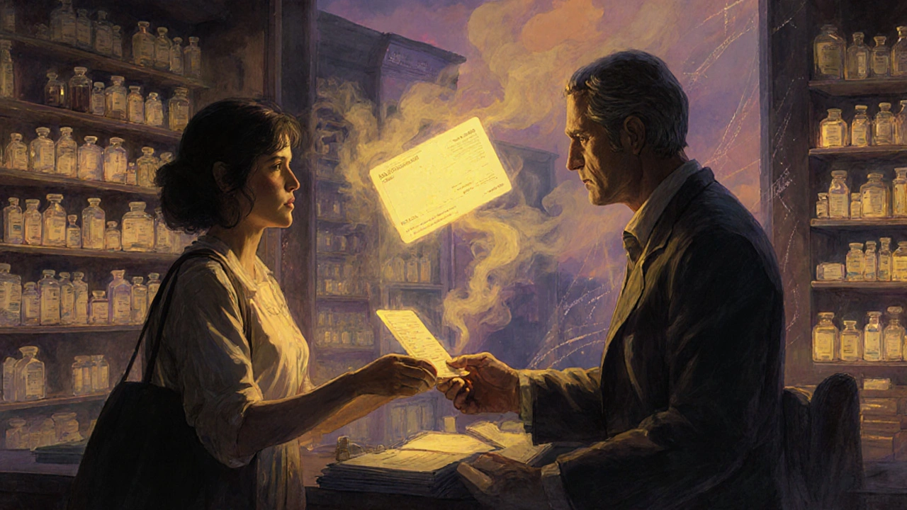 A pharmacist giving a prescription as a glowing yellow card hovers above, with digital data swirling in the background.